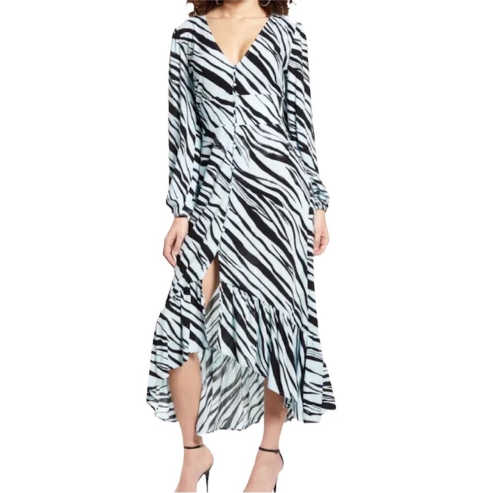 Leith High Low Zebra Print Maxi Dress Blue XXS